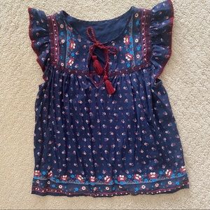 JCrew Womens Point Sur Flutter-Sleeve Navy Blue Peasant Blouse with Tassels Sz S